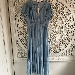 Flowy Tiered Midi Dress | Soft Blue | Flutter Sleeve | Maternity Friendly